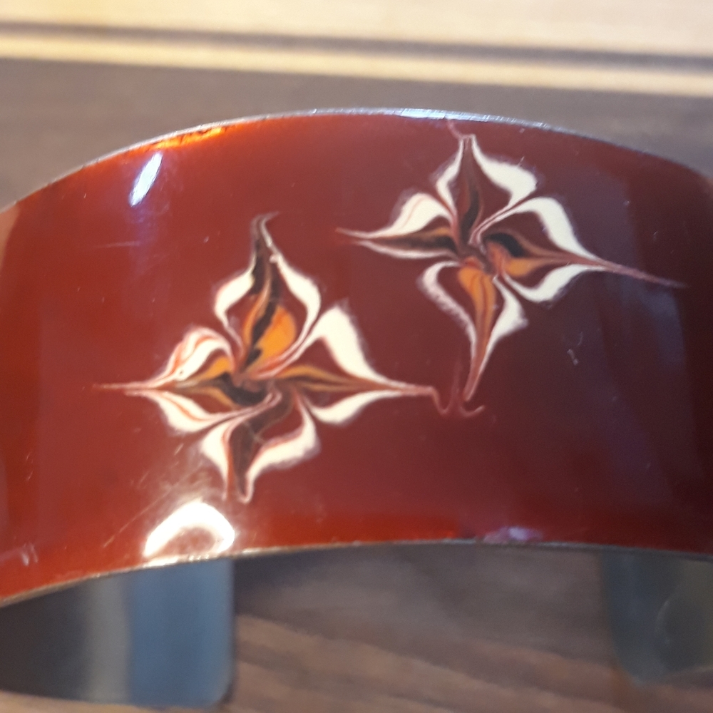 Vintage Red Enamel Open Cuff Bracelet Stainless Steel